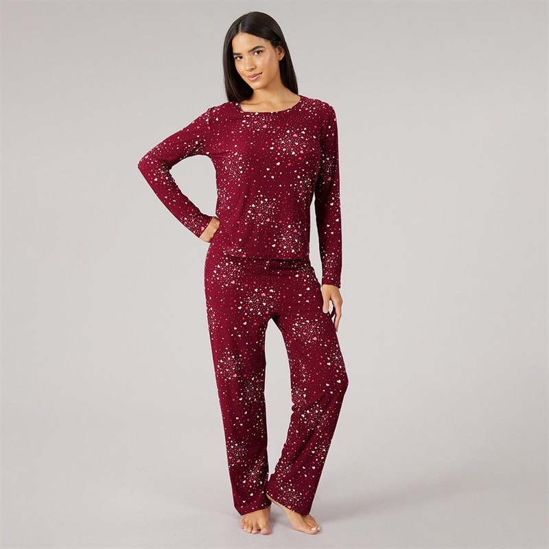 Dame soft touch pyjamasæt med hjerter Bourgogne - Billede 4