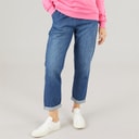 Dame jeans med elastisk talje og opbuk Mid Wash