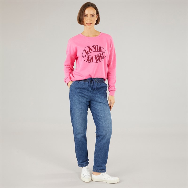 Dame jeans med elastisk talje og opbuk Mid Wash - Billede 3
