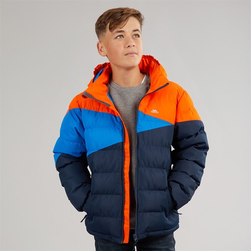 Trespass Junior Drenge layout vandtæt vatteret hættejakke - Marineblå/Hot Orange/Blå