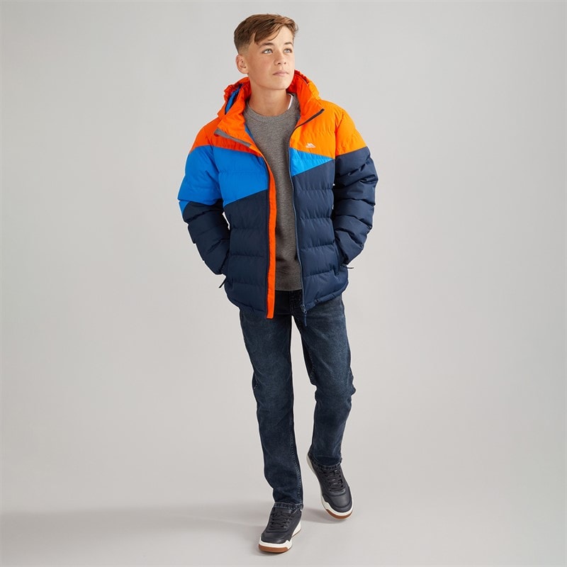 Trespass Junior Drenge layout vandtæt vatteret hættejakke - Marineblå/Hot Orange/Blå - Billede 4