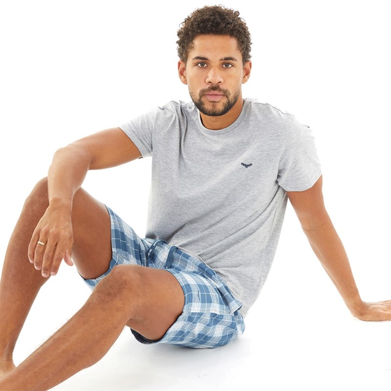 Herre lopez t-shirt og shorts pyjamasæt Grey Marl/Hellblå Check - Billede 1