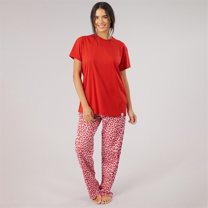 Dame alver t-shirt og bukser pyjamasæt Rød/Leopard - Billede 1