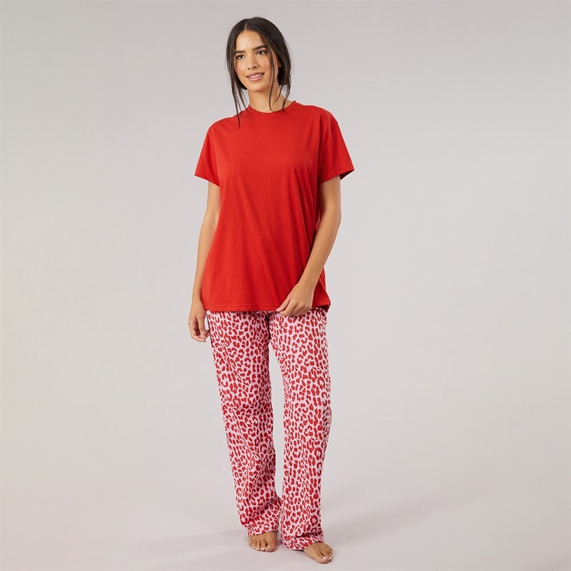 Dame alver t-shirt og bukser pyjamasæt Rød/Leopard - Billede 4