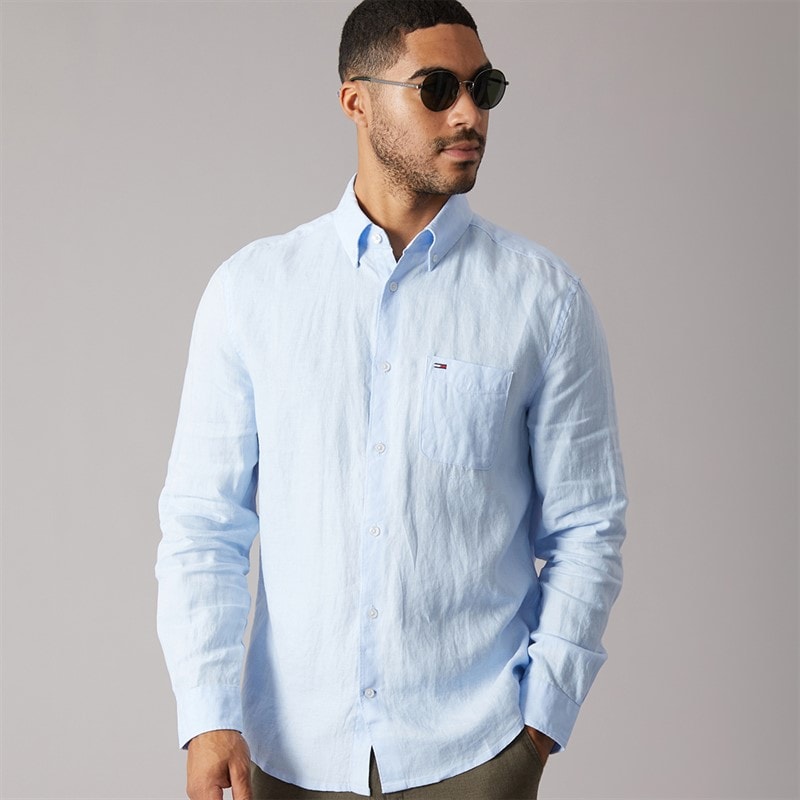 Tommy Jeans Herre Linned Langærmet Skjorte Sweet Blue