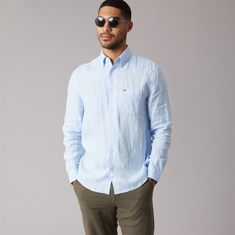 Tommy Jeans Herre Linned Langærmet Skjorte Sweet Blue - Billede 5