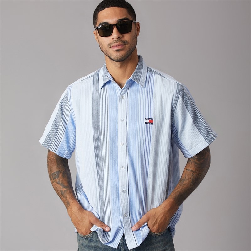 Tommy Jeans Herre Stribet Kortærmet Skjorte Sweet Blue Stripes