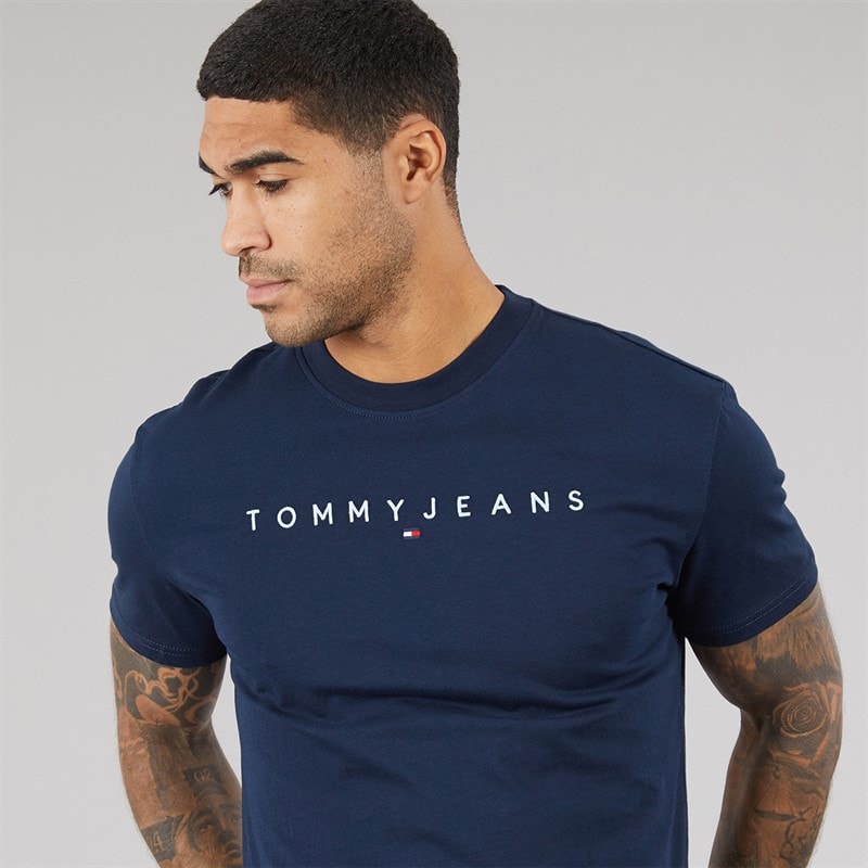 Tommy Jeans Herre Lineær Logo T-shirt Dark Night Navy/Sweet Blue - Billede 3