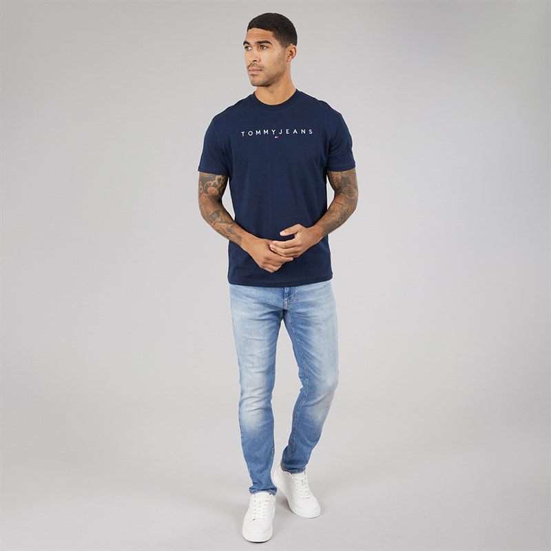 Tommy Jeans Herre Lineær Logo T-shirt Dark Night Navy/Sweet Blue - Billede 4