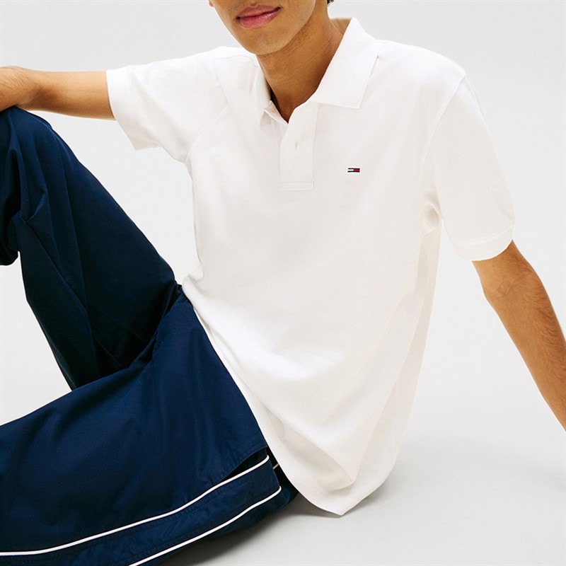 Tommy Jeans Herre Flag Regular Fit Pique Polo Shirt Hvid - Billede 4