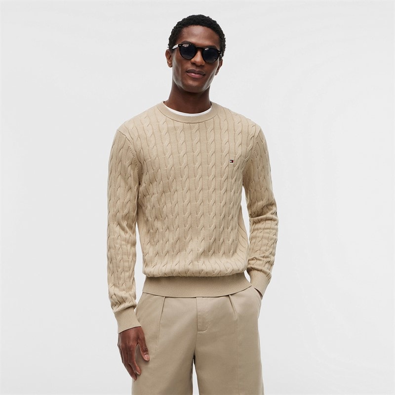 Tommy Jeans Herre Flag Broderi Kabelstrik Sweater Sandalwood