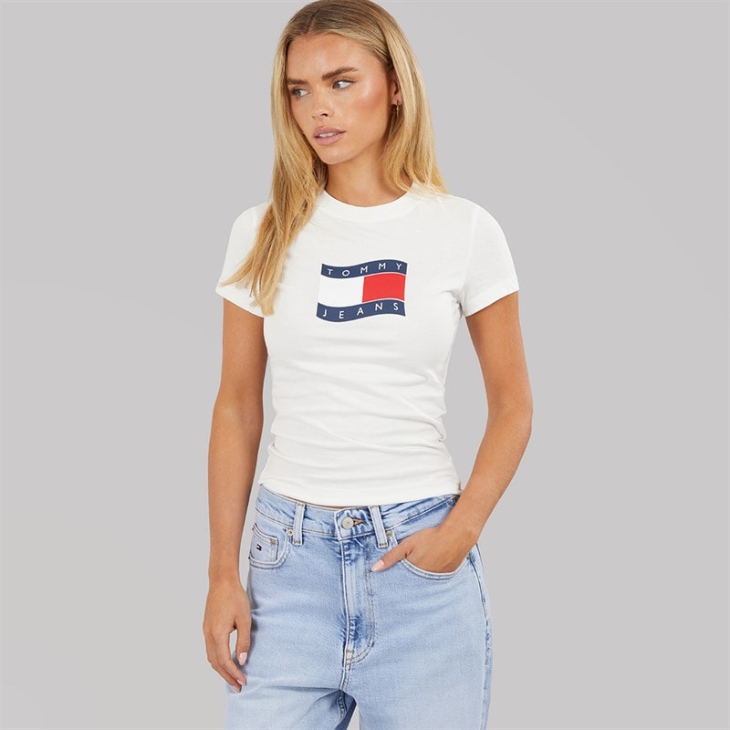 Tommy Jeans Dame Wavy Flag T Shirt Ecru - Billede 3