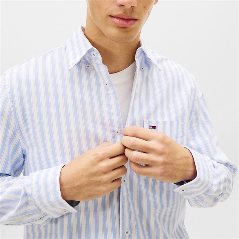 Tommy Jeans Herre Stribet Oxford Langærmet Skjorte Blue Twilight Stripe - Billede 4