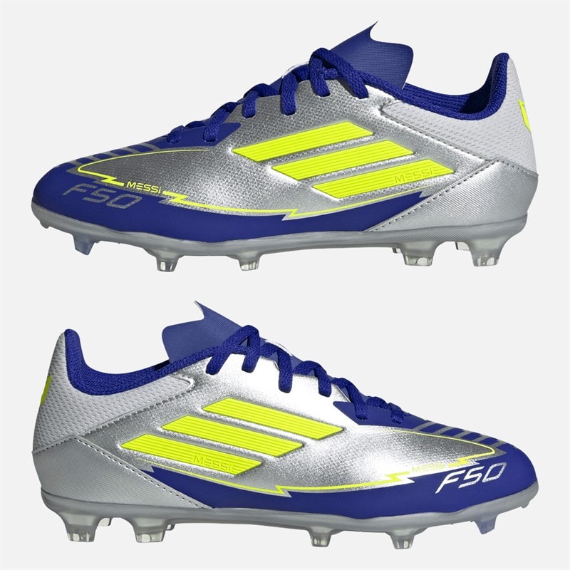 adidas Junior F50 Liga Messi FG/MG Fast/multi Grund Fodboldstøvler Silver Metallic/Solar Yellow/Lucid Blue - Billede 1