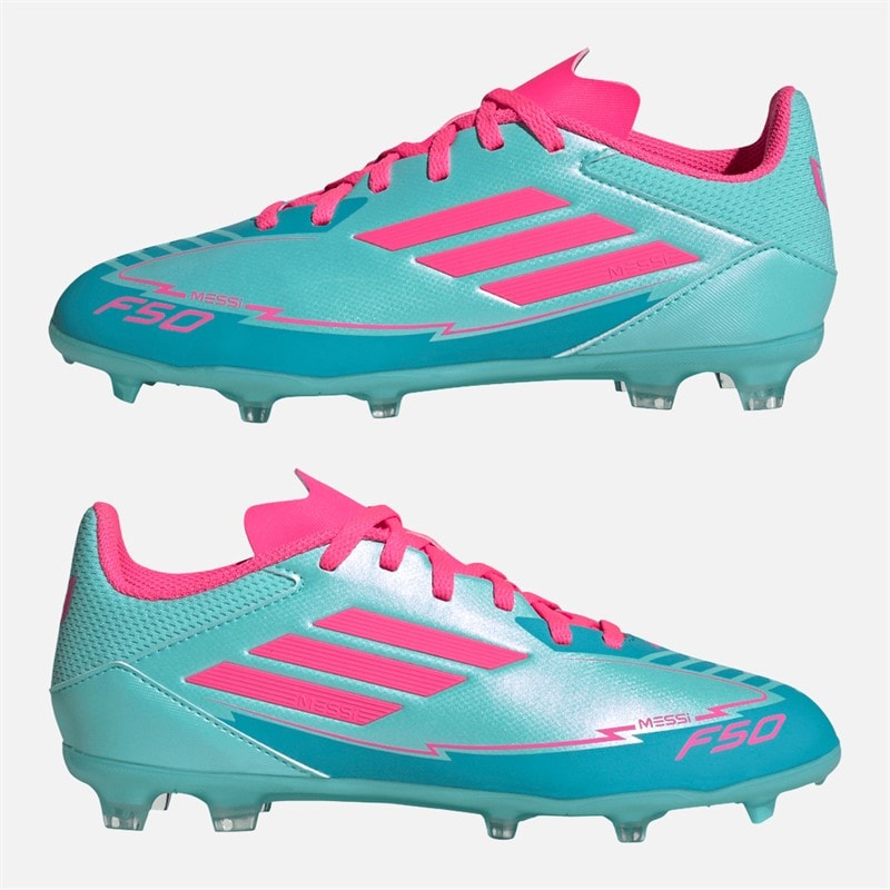 adidas Junior F50 Liga Messi FG/MG Fast/multi Grund Fodboldstøvler Flash Aqua/Lucid Pink/Lucid Cyan - Billede 1