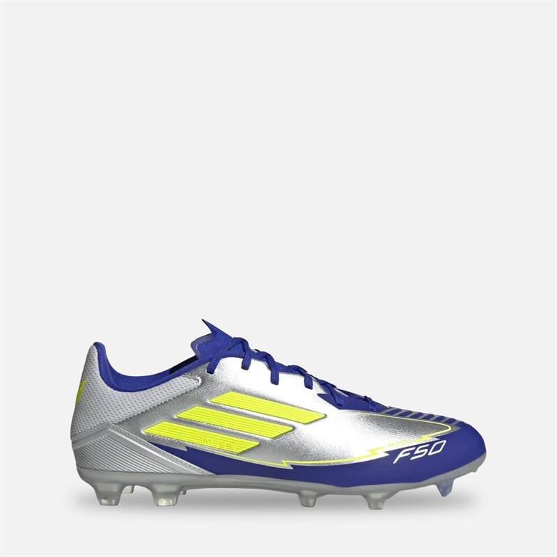 adidas Herre F50 League Messi La Vida Rapida Pakke FG/MG Fast Underlag/Multi Underlag Fodboldstøvler Silver Metallic/Solar Yellow/Lucid Blue