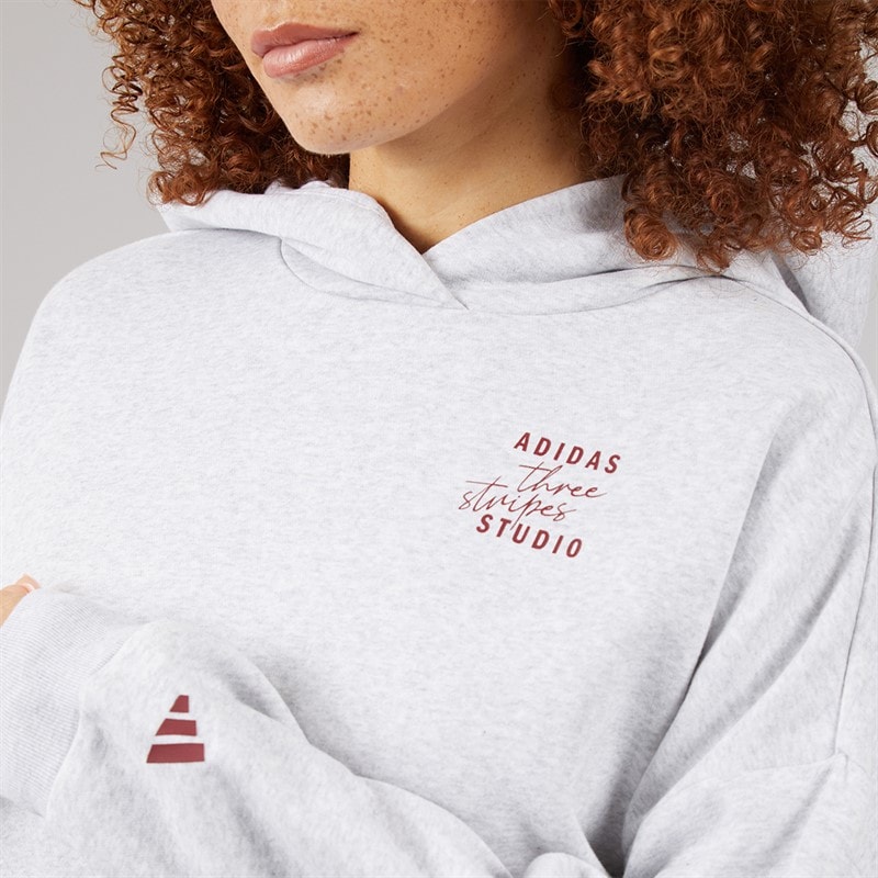 adidas Dame 3 striber Studio Hættetrøje Light Grey Heather - Billede 3