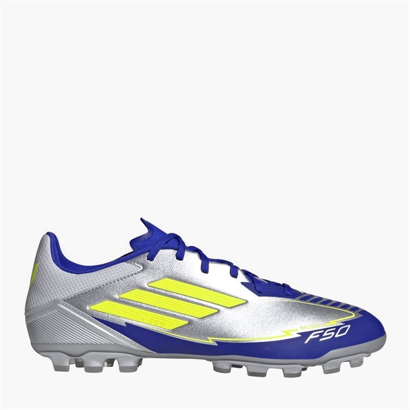 adidas Herre F50 League Messi La Vida Rapida AG Kunstgræs Fodboldstøvler Silver Metallic/Solar Yellow/Lucid Blue