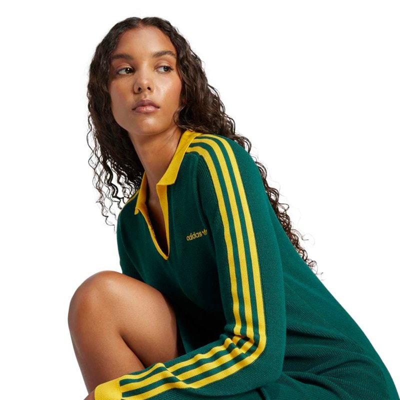 adidas Originals Dame Strikket Polo Kjole Collegiate Green/Cream Yellow - Billede 3