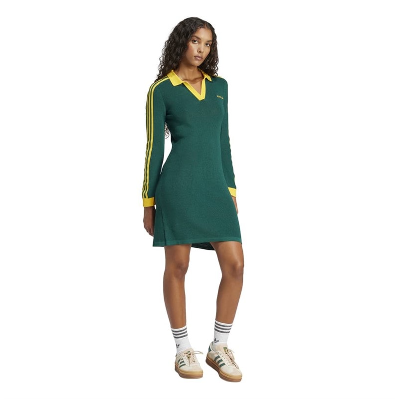 adidas Originals Dame Strikket Polo Kjole Collegiate Green/Cream Yellow - Billede 4
