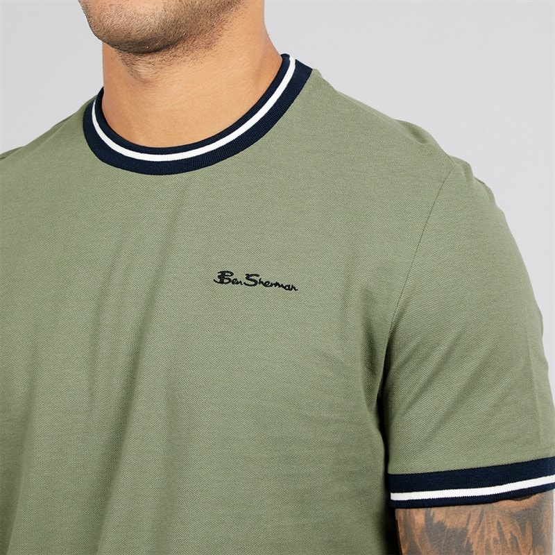 Ben Sherman Herre Pique Ringer T-shirts Lys Khaki - Billede 3