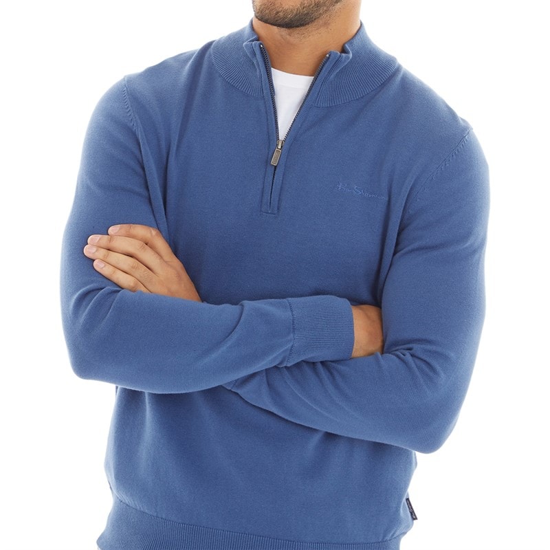 Ben Sherman Herre 1/4 Zip Funnel Neck Trøje Riviera Blå - Billede 3