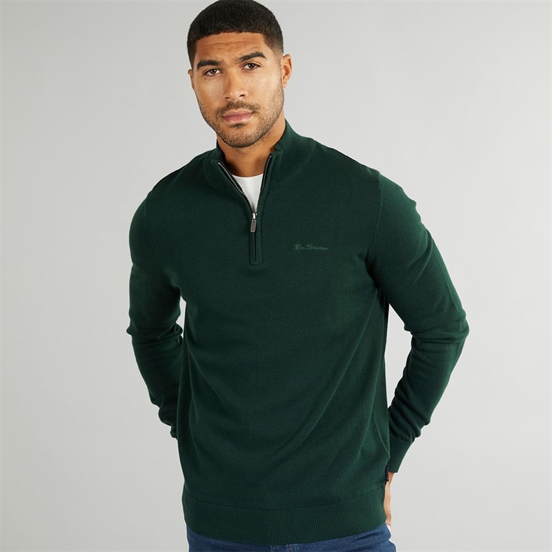 Ben Sherman Herre 1/4 lynlås Høj Hals Trøje Mørkegrøn - Billede 1