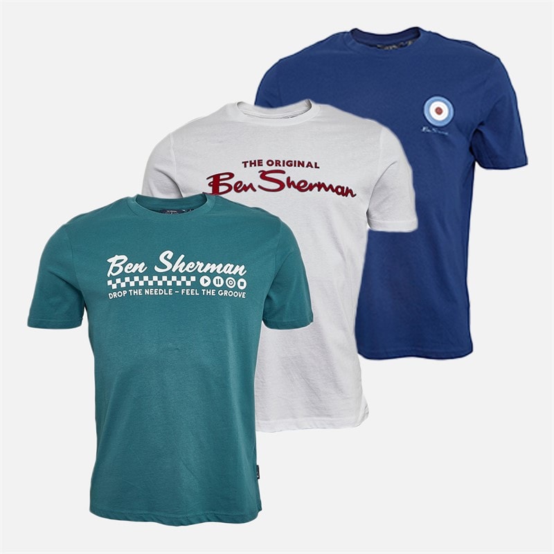 Ben Sherman Herre Blandet 3-pak T-Shirts Teal/Twilight Denim/Hvid