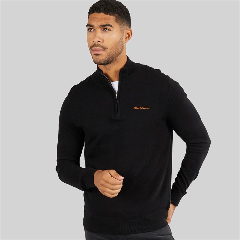 Ben Sherman Herre 1/4 Zip Tragt Hals Jumper Sort - Billede 1