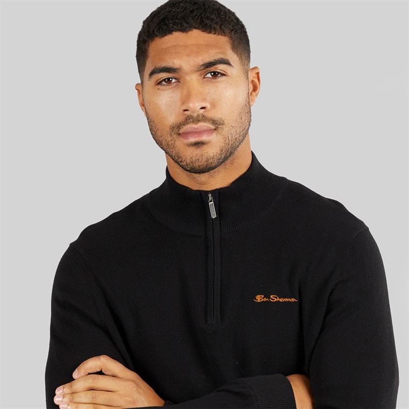Ben Sherman Herre 1/4 Zip Tragt Hals Jumper Sort - Billede 3