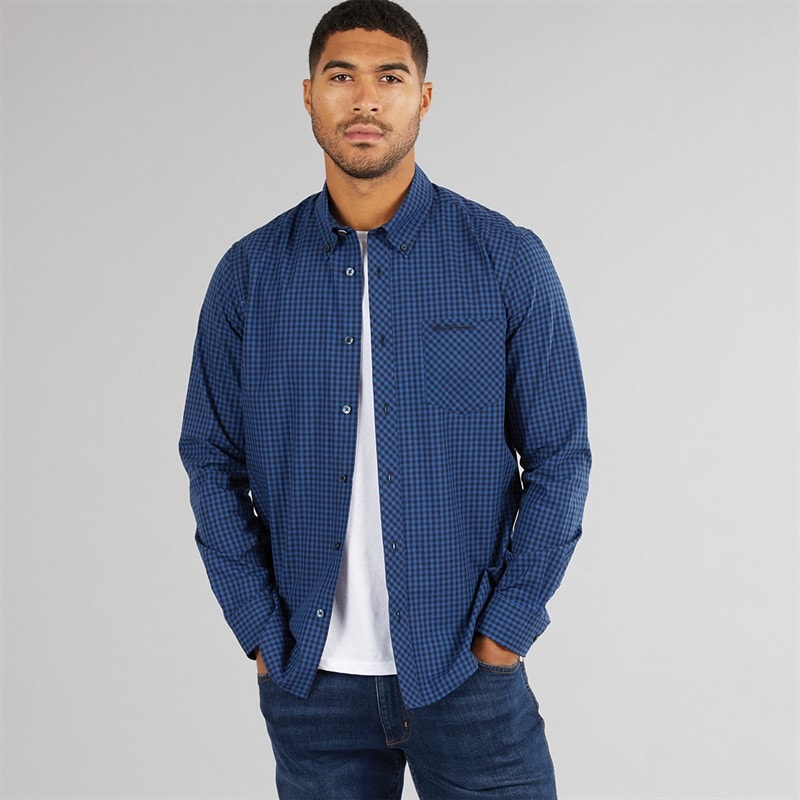 Ben Sherman Herre Langærmet Gingham Skjorte Royal Blå - Billede 3