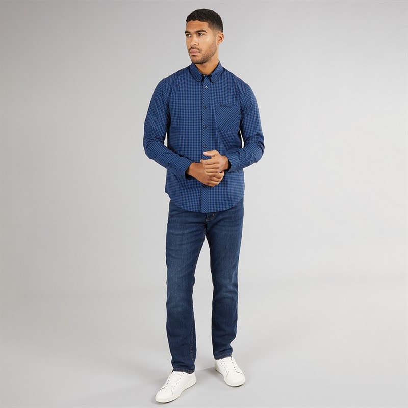Ben Sherman Herre Langærmet Gingham Skjorte Royal Blå - Billede 4