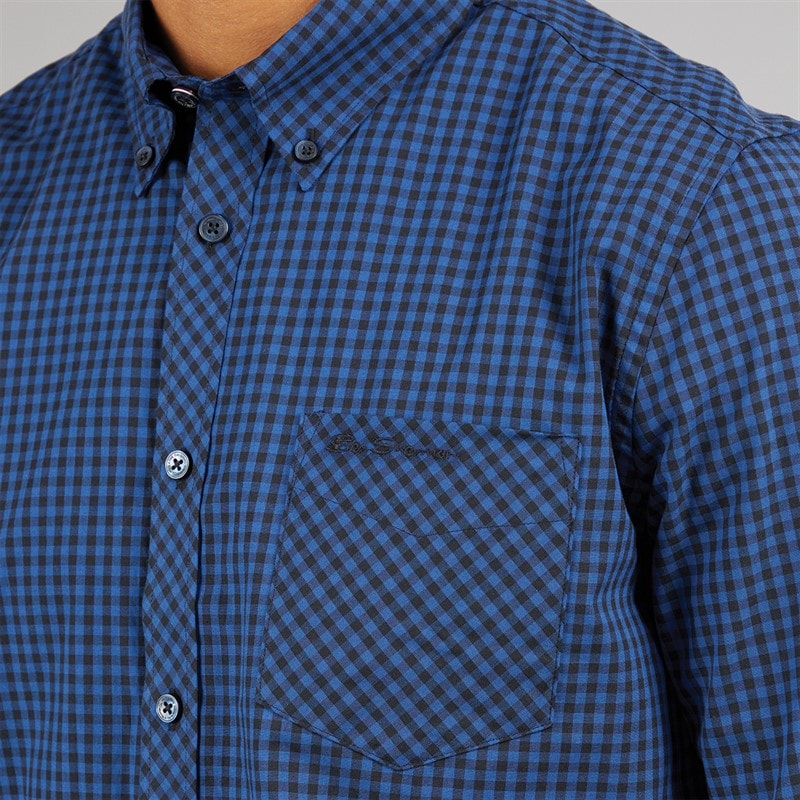 Ben Sherman Herre Langærmet Gingham Skjorte Royal Blå - Billede 5