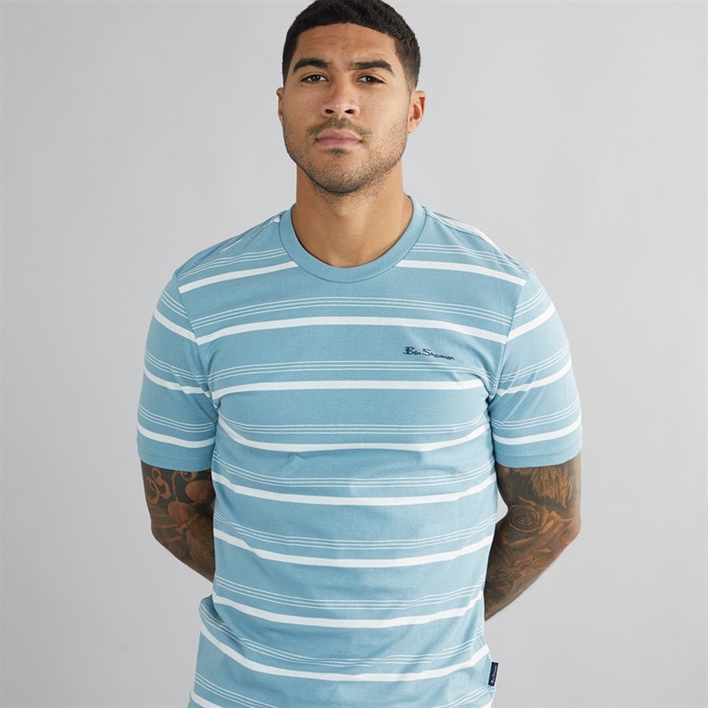 Ben Sherman Herre T-shirt med tynde striber Petrol - Billede 1