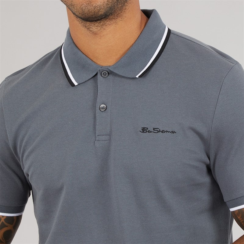 Ben Sherman Herre Polo Shirt Med Tvilling Kant Skifergrå - Billede 3