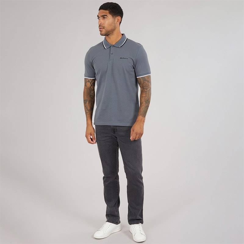 Ben Sherman Herre Polo Shirt Med Tvilling Kant Skifergrå - Billede 4