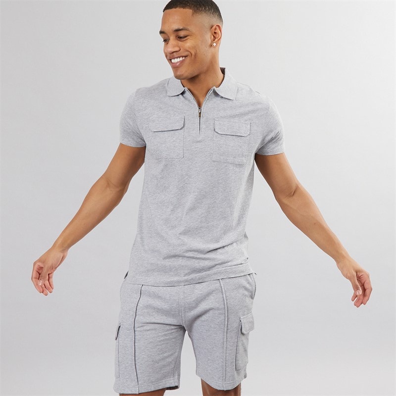 Brave Soul Herre Hubble Polo Skjorte og Shorts Sæt Light Grey Marl - Billede 1