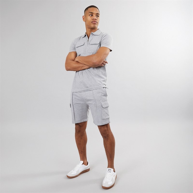 Brave Soul Herre Hubble Polo Skjorte og Shorts Sæt Light Grey Marl - Billede 3