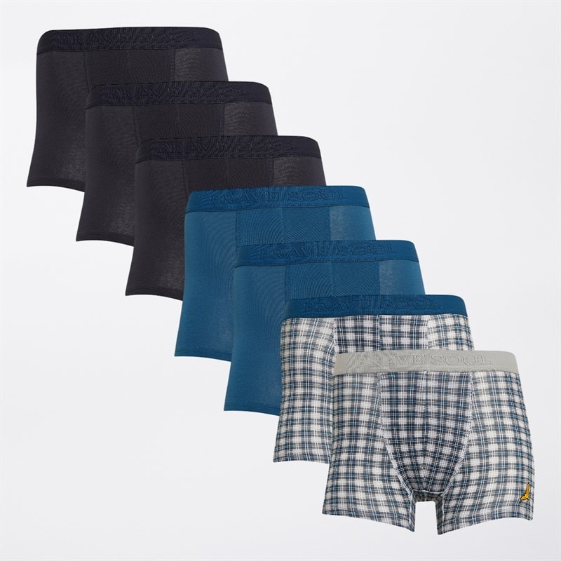 Brave Soul Drenge Syv Pak Boksershorts Navy / Teal / Printet Check
