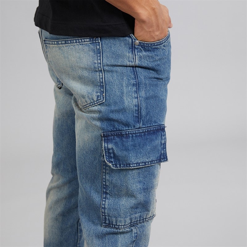 Brave Soul Herre Station Løs Pasform Cargo Jeans Mid Blue - Billede 3
