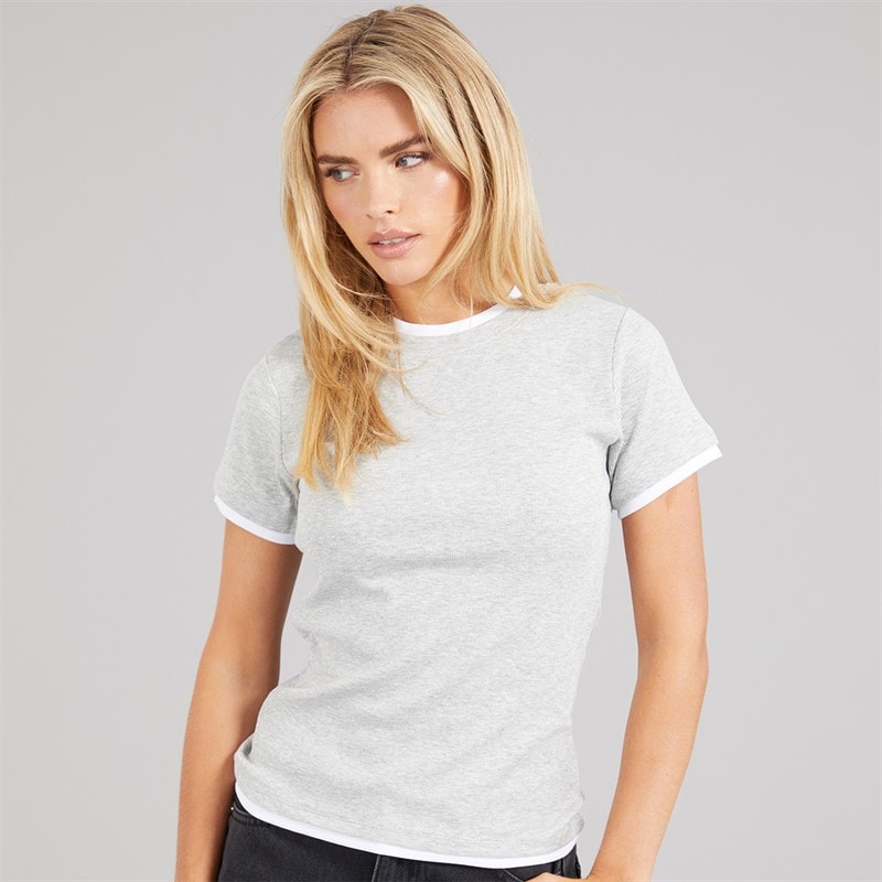 Brave Soul Dame Athena dobbelt lag T shirt Silver Grey Marl/Hvid - Billede 3