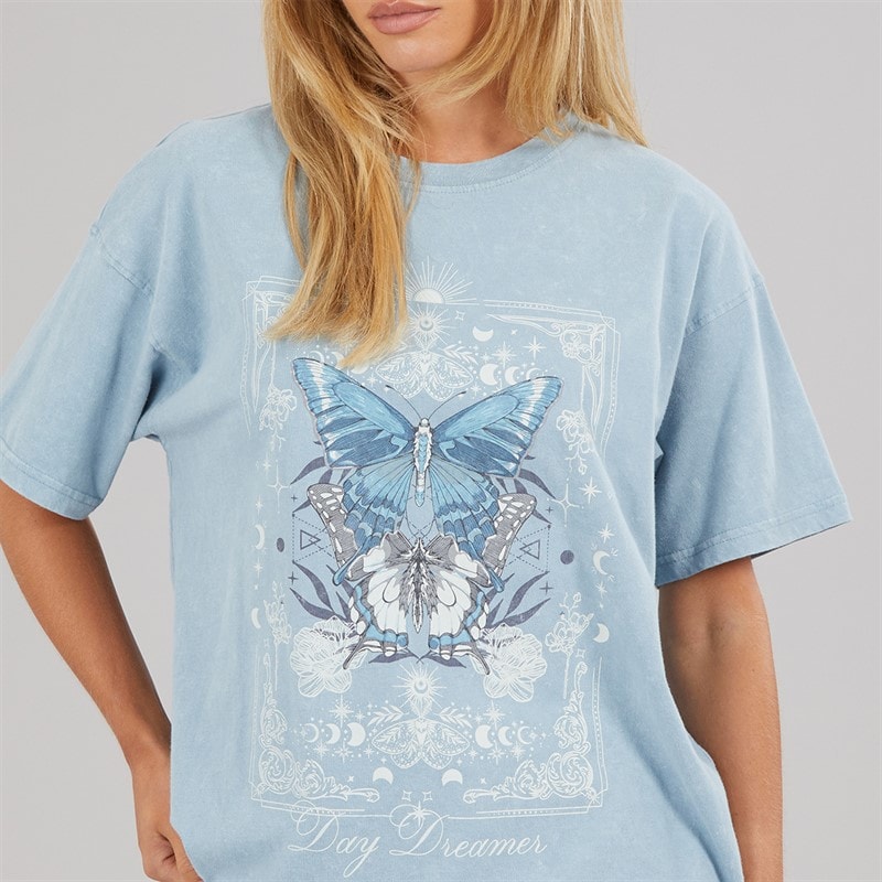 Brave Soul Dame Day Dreamer T Shirt Blue Acid Wash - Billede 3