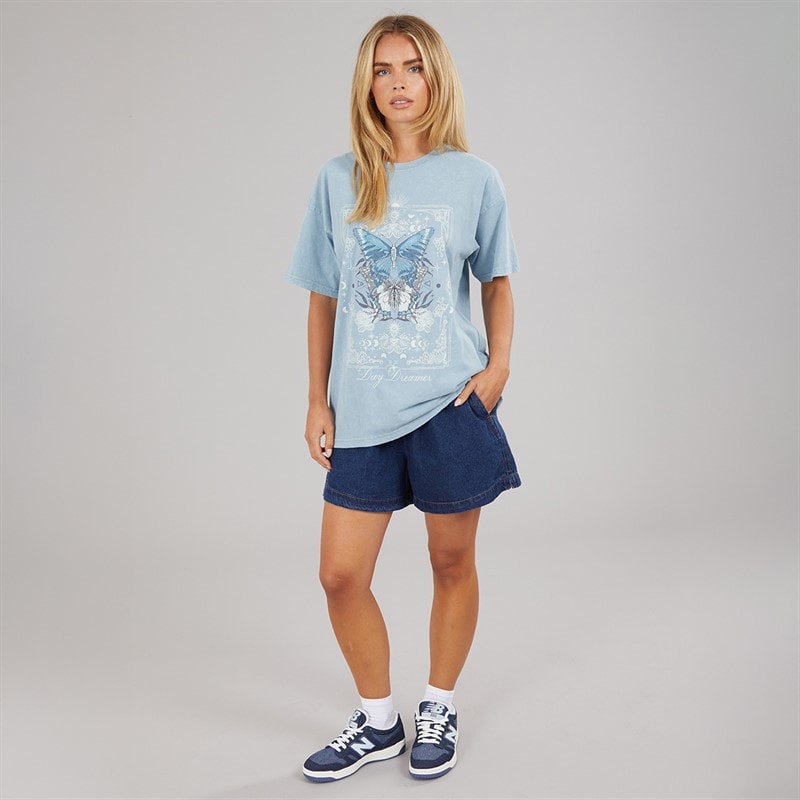 Brave Soul Dame Day Dreamer T Shirt Blue Acid Wash - Billede 4