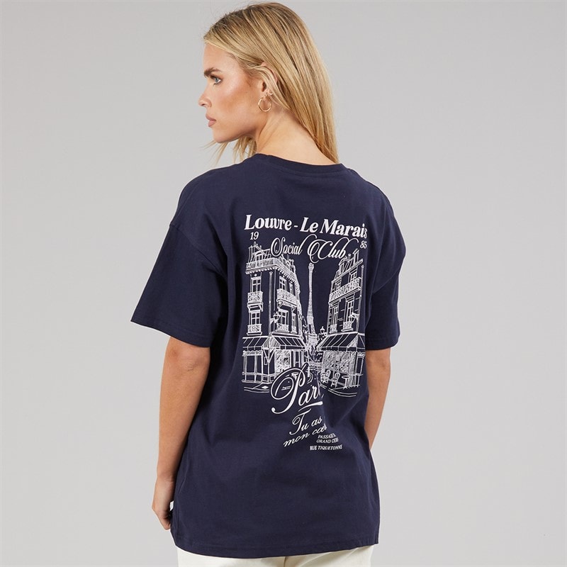 Brave Soul Dame Louvre T Shirt Navy/Pink Body/Print - Billede 3