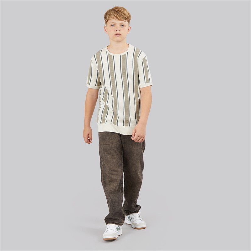 Brave Soul Drenge Gillam Strikket T-shirt Cream/Light Green/Mid Green - Billede 3