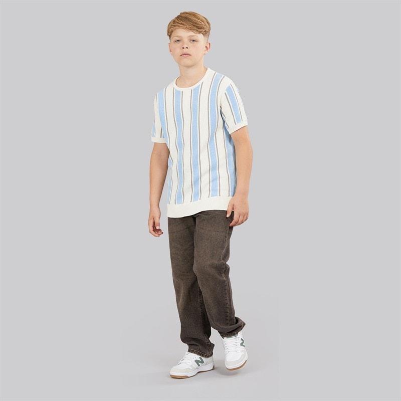 Brave Soul Drenge Gillam Strikket T Shirt Cream/Pale Blue/Light Grey - Billede 3