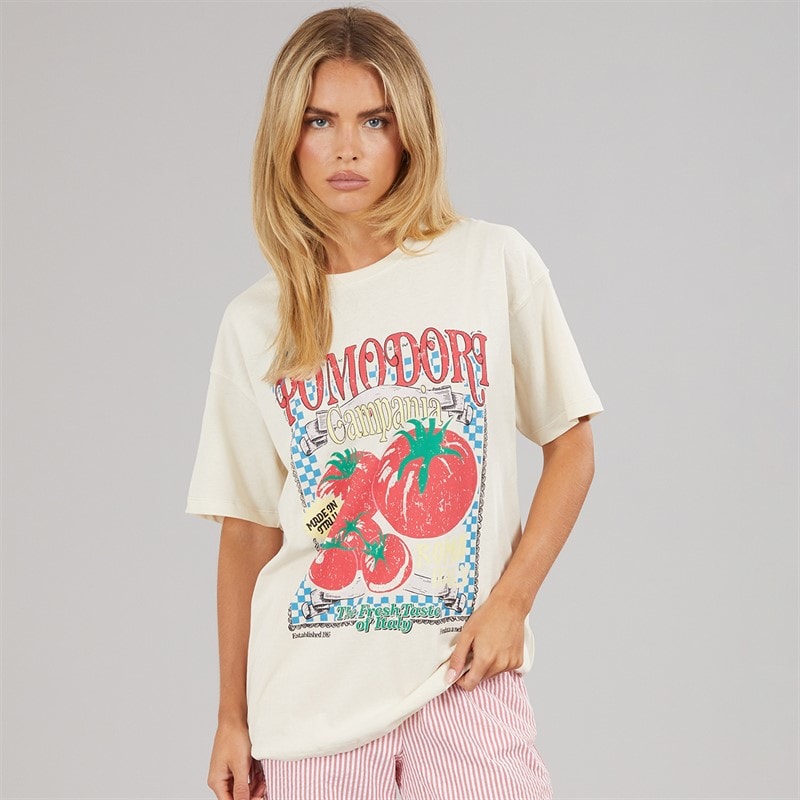 Brave Soul Dame T Shirt med print oversized Cream