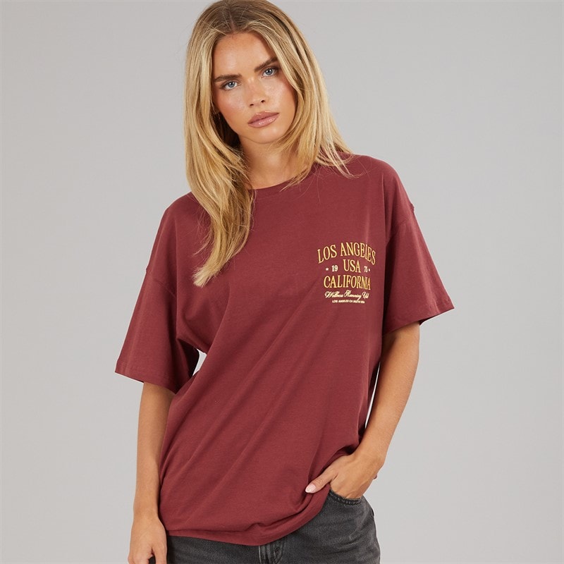 Brave Soul Dame Rachel broderet T shirt Burgundy/Gul - Billede 2