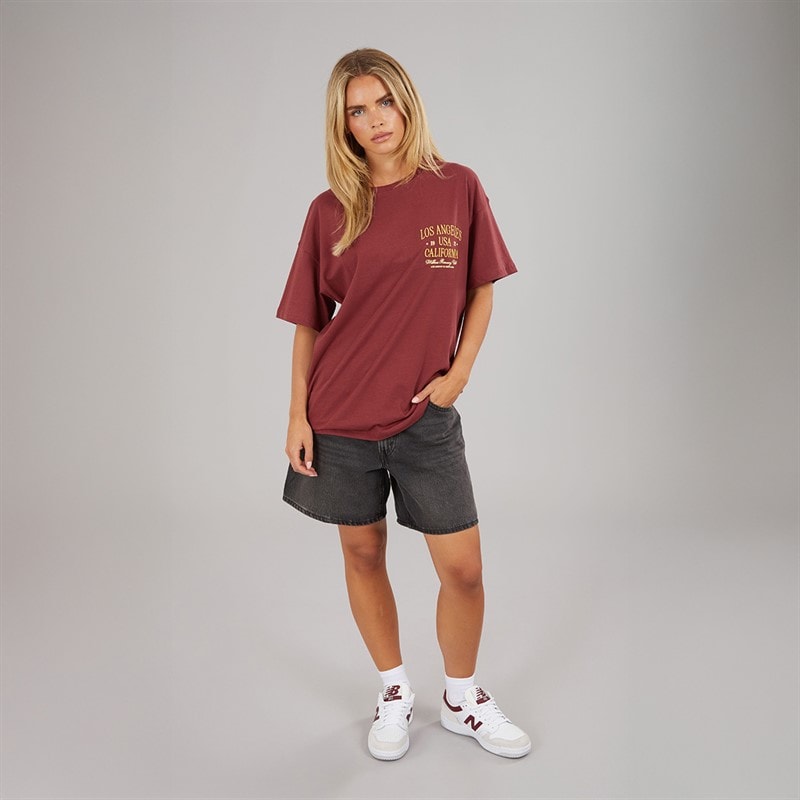 Brave Soul Dame Rachel broderet T shirt Burgundy/Gul - Billede 3
