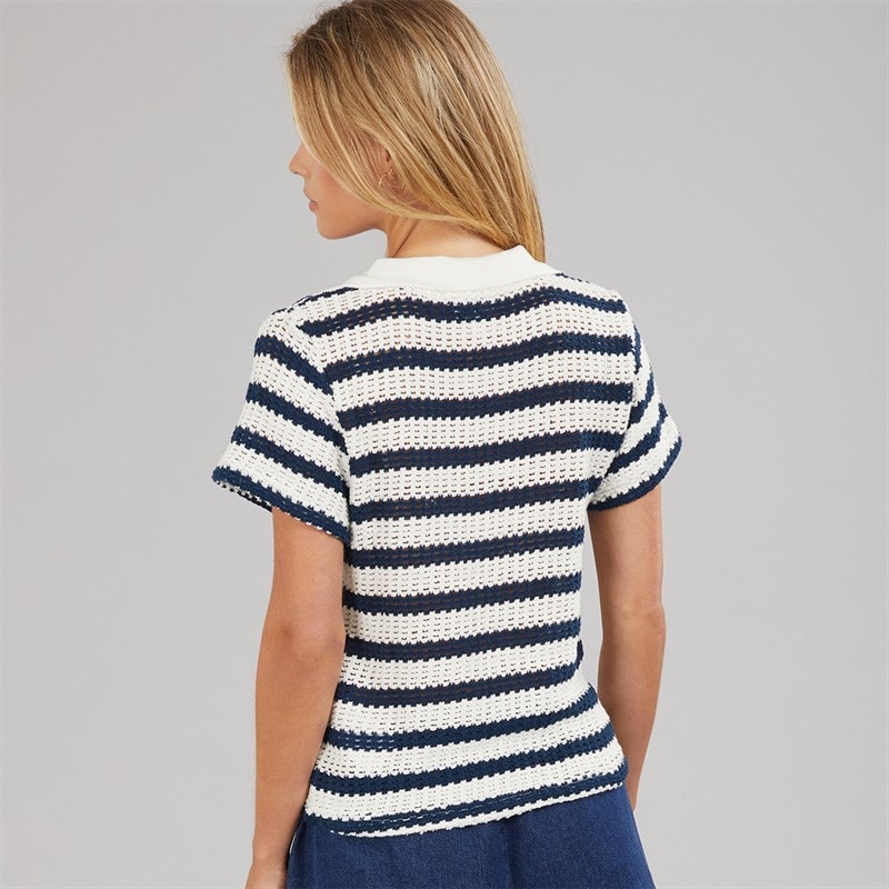 Brave Soul Dame stribet polo t shirt Cream/Navy - Billede 2